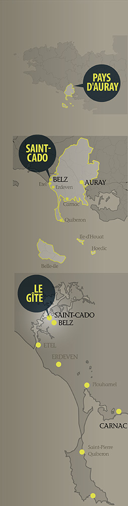 Carte de localisation du gite en location au bord de la mer dans la ria d'Etel (Belz) près du Golf du Morbihan Bretagne-sud